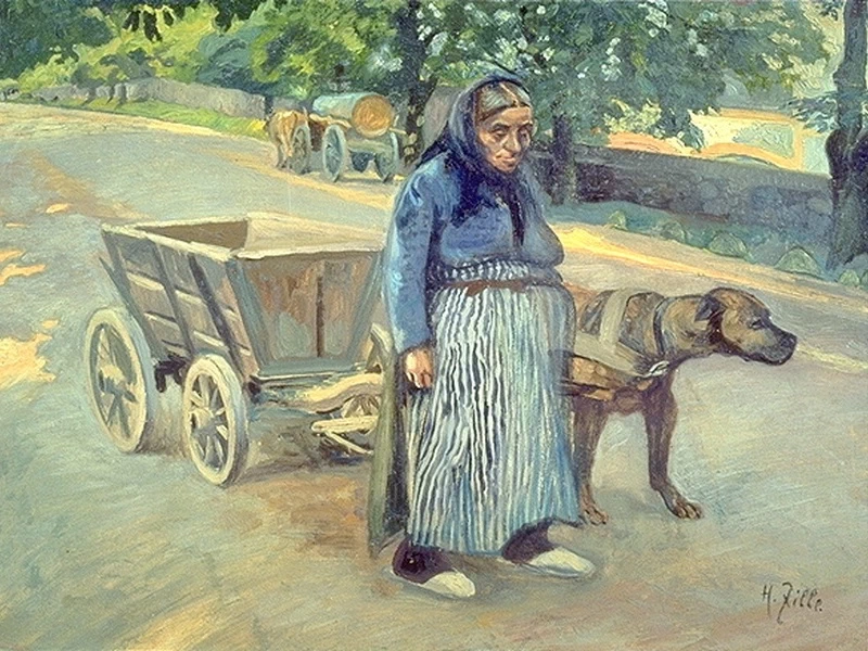 1858-Rudolf Heinrich Zille - Vecchia donna con carretto per cani